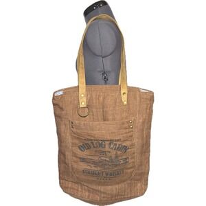 Whiskey Label Canvas Tote Bag Leather Strap Brass Boho Rustic Farmhouse Shoulder